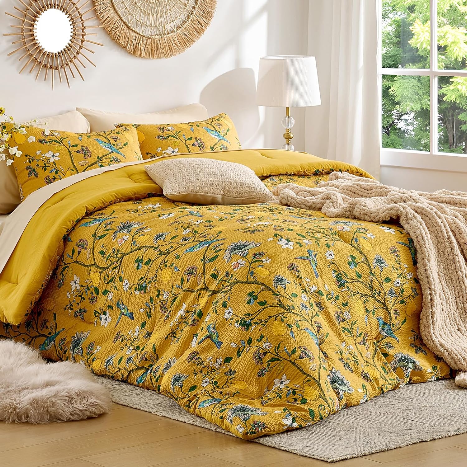 Yellow Bedding Queen Comforter Set 3 Pieces,Vintage Botanical Floral Pattern Bed Comforter Sets,Boho Whimsical Printed Design Cute Bedroom Comforter and Shams