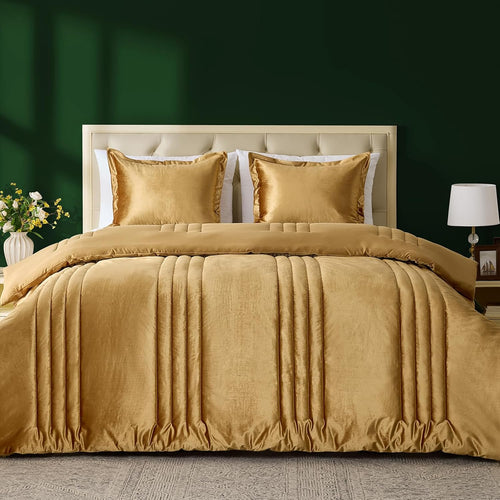 Bedding Comforter Set Queen Size 3 Pieces-Luxury Shiny Gold Striped Lightweight Bedroom Down Comforter Queen Size,Soft Velvet Bed Set for Winter with 2 Pillow Shams