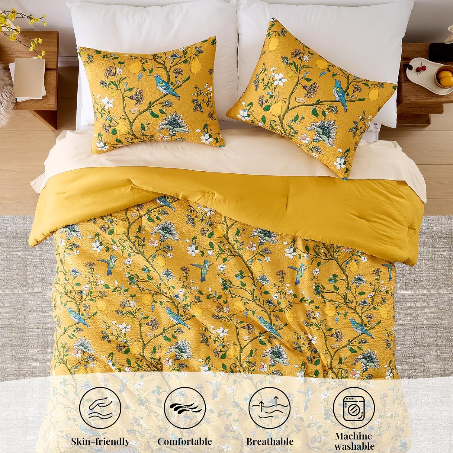 Yellow Bedding Queen Comforter Set 3 Pieces,Vintage Botanical Floral Pattern Bed Comforter Sets,Boho Whimsical Printed Design Cute Bedroom Comforter and Shams
