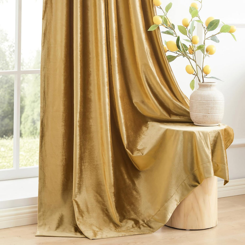 Short Gold Velvet Curtains 63 inches: Living Room Luxury Room Darkening Curtain - Elegant Bedroom Thermal Insulated Modern Heavy Thick Soft Soundproof Rod Pocket Window Drapes Set of 2 Panels