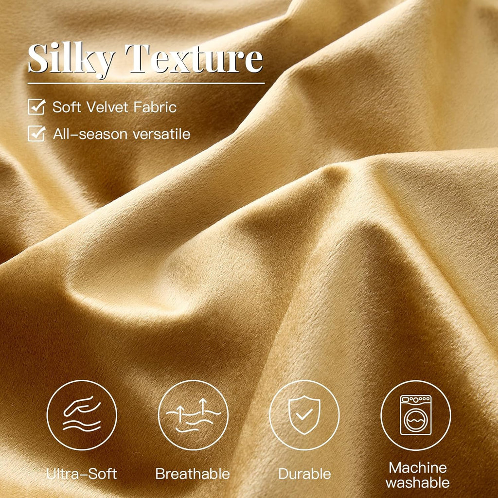 Bedding Comforter Set Queen Size 3 Pieces-Luxury Shiny Gold Striped Lightweight Bedroom Down Comforter Queen Size,Soft Velvet Bed Set for Winter with 2 Pillow Shams