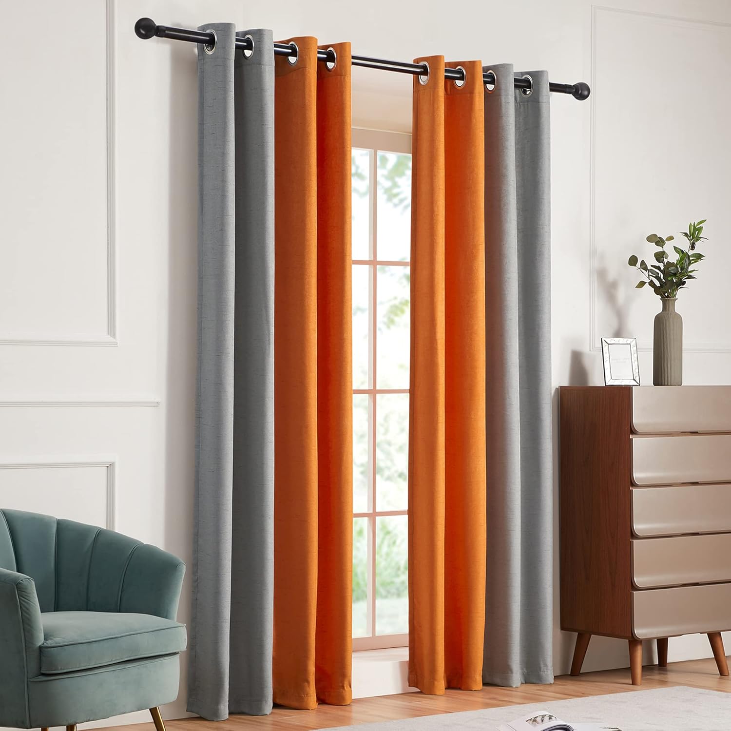 PRIMROSE Ombre Blackout Curtains for Living Room Thermal Insulated Room Darkening Curtains Window Drapes for Bedroom Grommet Grey Orange 108 inch Long 2 Panels