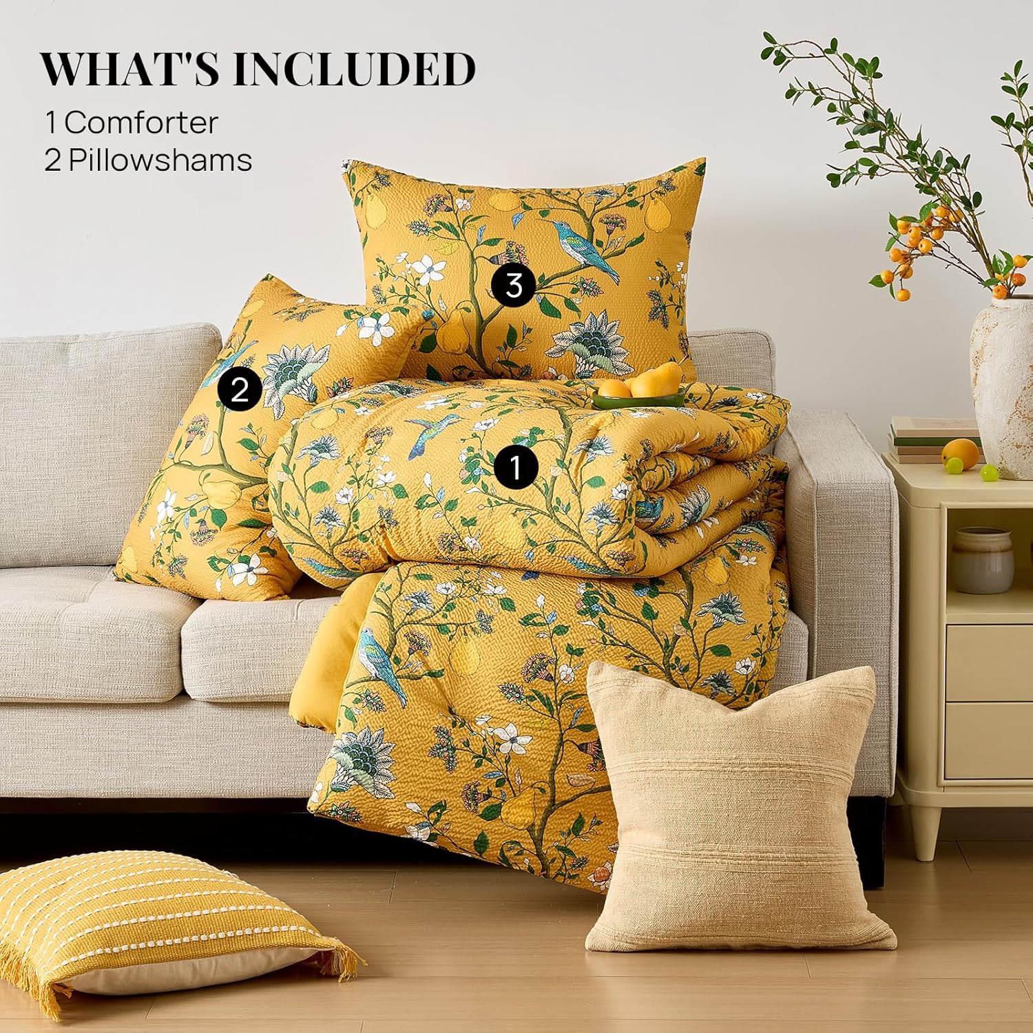 Yellow Bedding Queen Comforter Set 3 Pieces,Vintage Botanical Floral Pattern Bed Comforter Sets,Boho Whimsical Printed Design Cute Bedroom Comforter and Shams