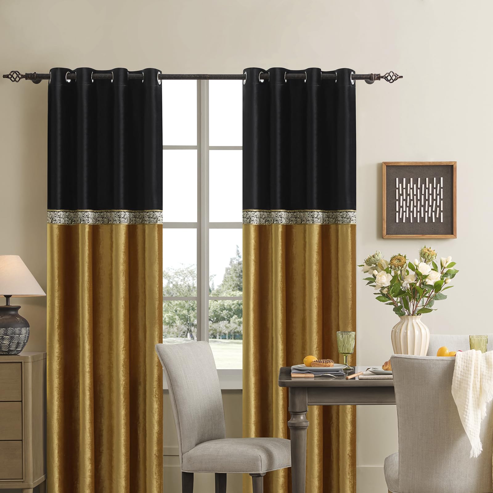 Black Gold Velvet Curtains 84 Inch 2 Panels, Embroidered Vintage Window Drapes, Light Filtering Window Treatment for Living Room Bedroom Farmhouse decoration