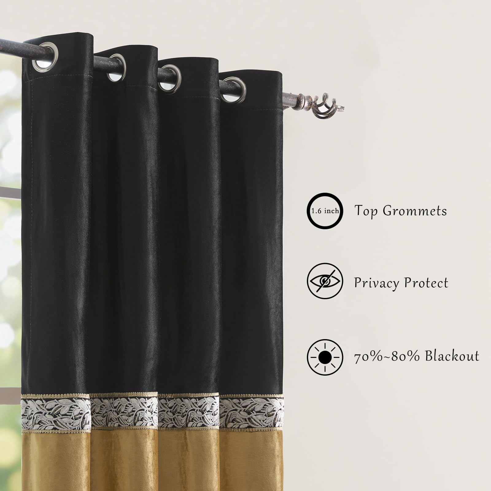 Black Gold Velvet Curtains 84 Inch 2 Panels, Embroidered Vintage Window Drapes, Light Filtering Window Treatment for Living Room Bedroom Farmhouse decoration