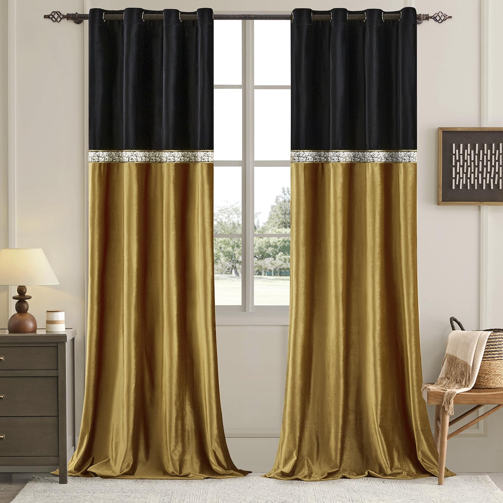Black Gold Velvet Curtains 84 Inch 2 Panels, Embroidered Vintage Window Drapes, Light Filtering Window Treatment for Living Room Bedroom Farmhouse decoration