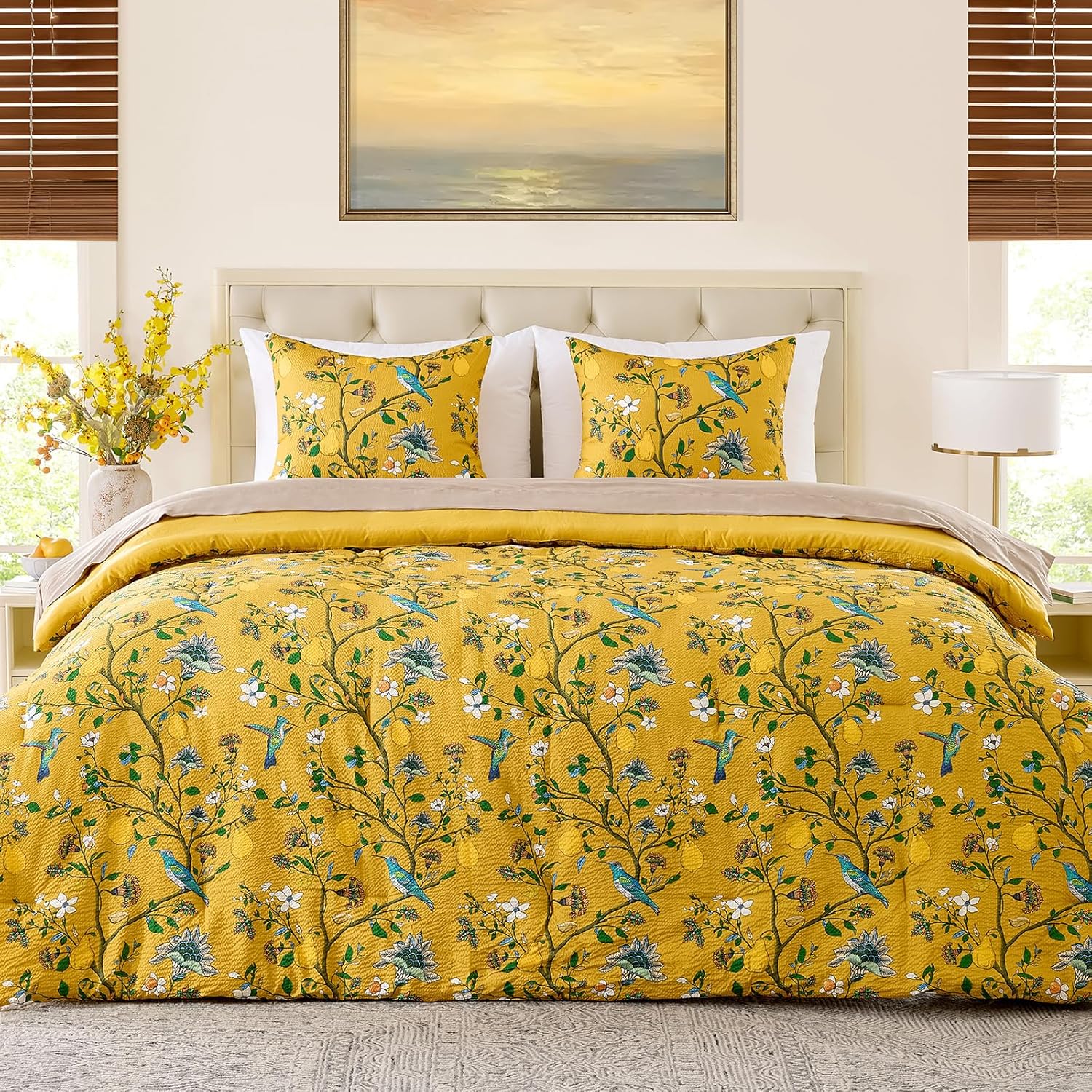 Yellow Bedding Queen Comforter Set 3 Pieces,Vintage Botanical Floral Pattern Bed Comforter Sets,Boho Whimsical Printed Design Cute Bedroom Comforter and Shams