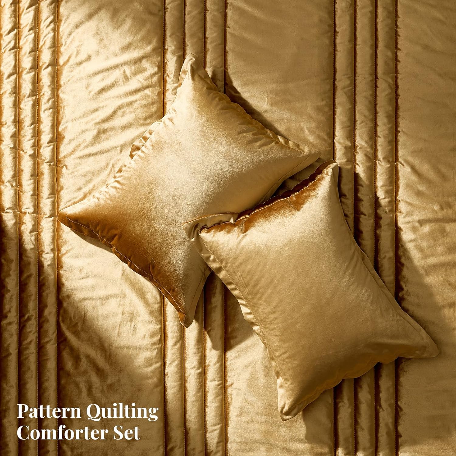 Bedding Comforter Set Queen Size 3 Pieces-Luxury Shiny Gold Striped Lightweight Bedroom Down Comforter Queen Size,Soft Velvet Bed Set for Winter with 2 Pillow Shams