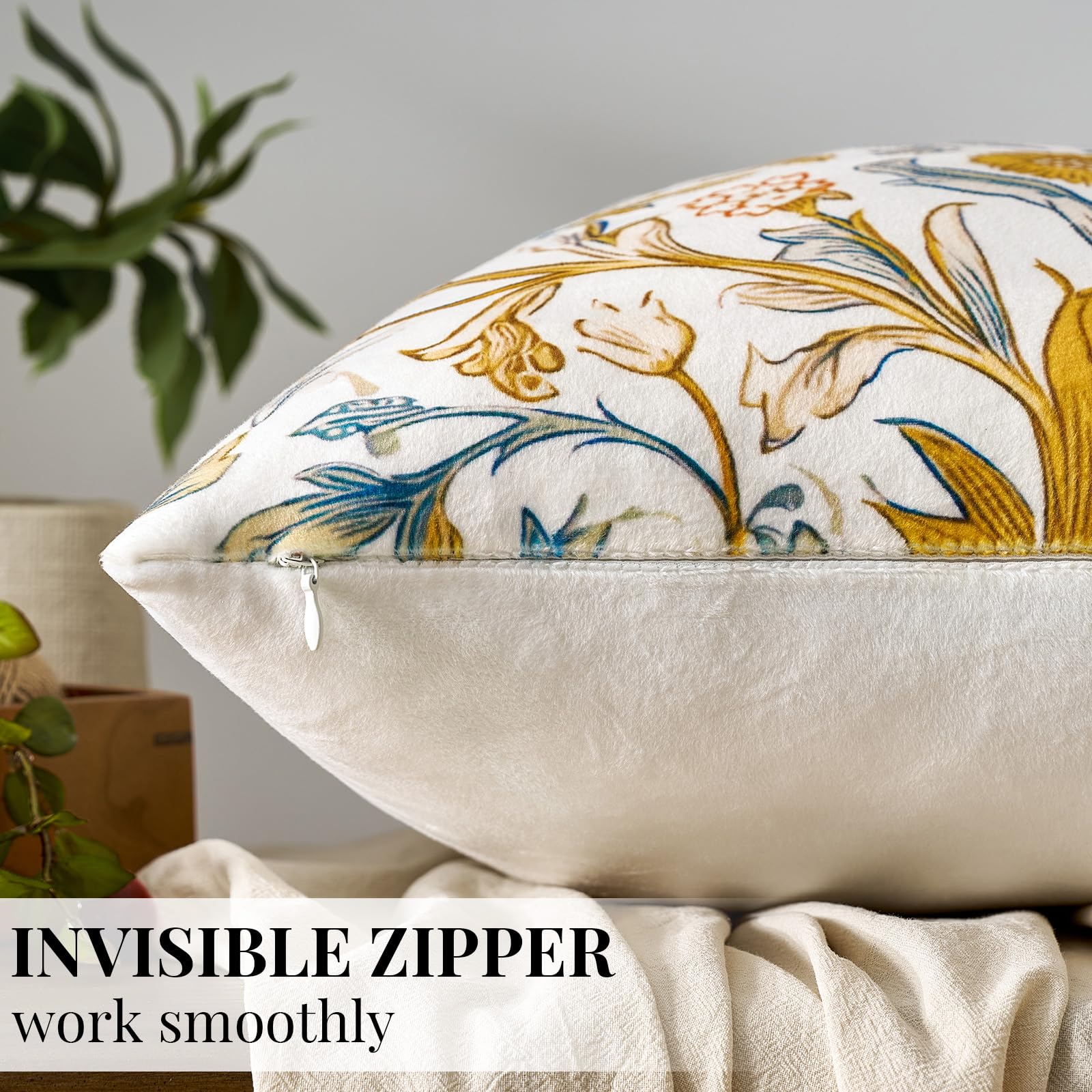 Decorative Pillow Covers 18x18 - Set of 2 Velvet Soft Vintage Throw Pillows William Morris Floral Patterned Cushion Covers for Couch Bed Living Room Accent Block Print Throw Pillow Cases