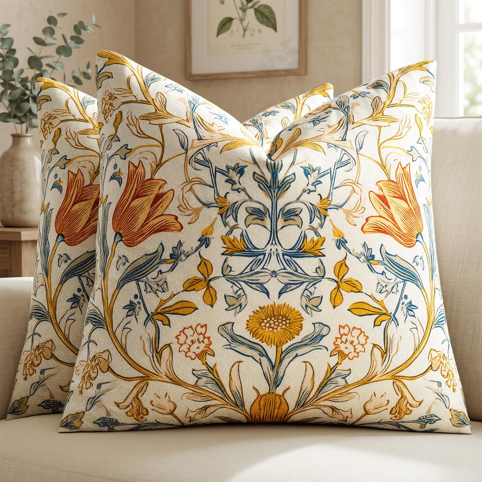 Decorative Pillow Covers 18x18 - Set of 2 Velvet Soft Vintage Throw Pillows William Morris Floral Patterned Cushion Covers for Couch Bed Living Room Accent Block Print Throw Pillow Cases