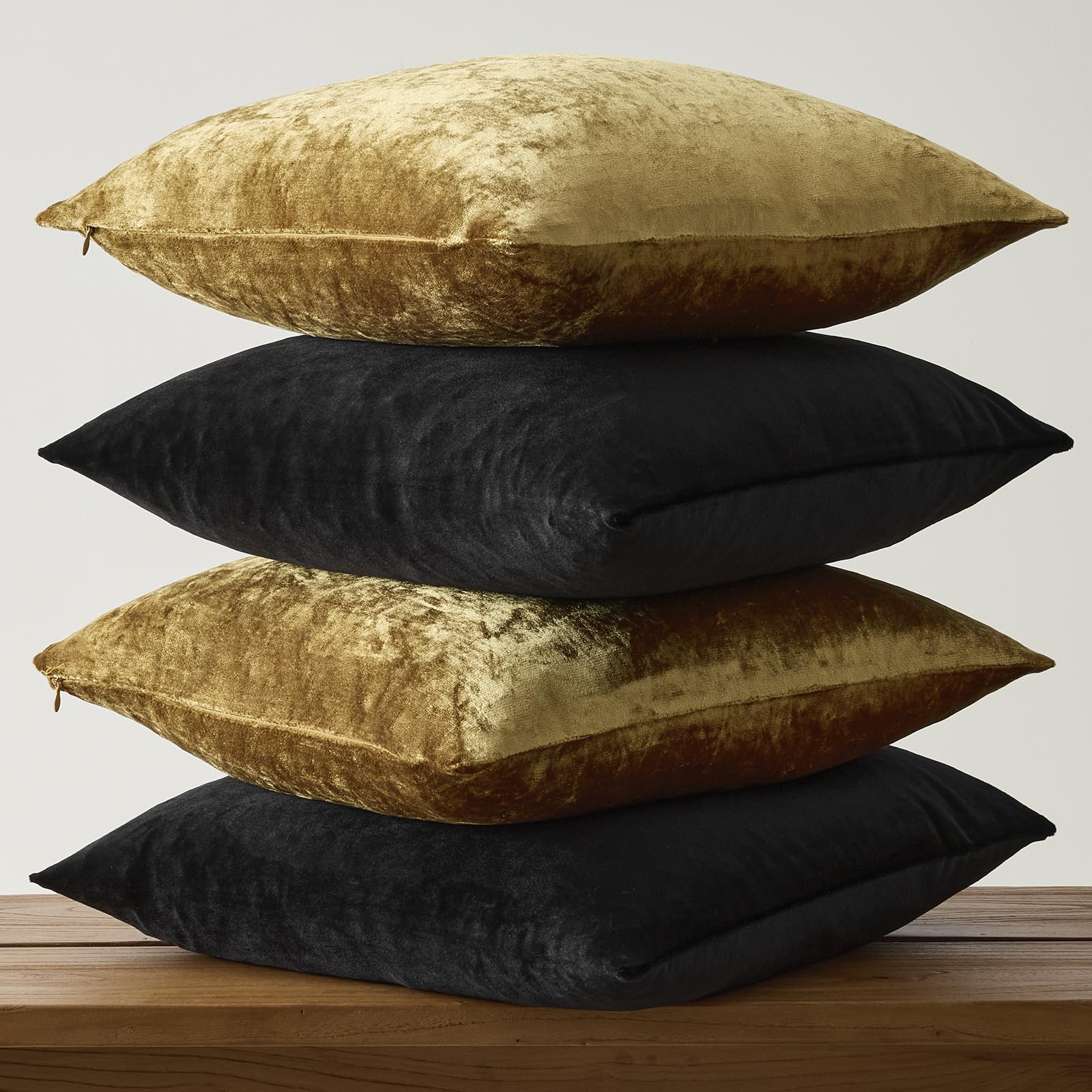 Decorative Throw Pillow Covers 18 x 18,Gold Black Soft, Set of 4 Square Velvet Cushion Covers