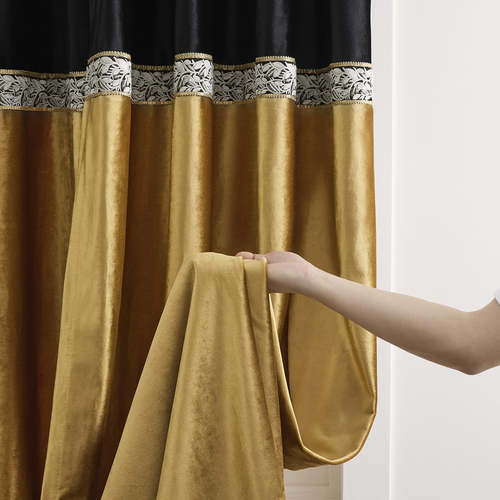 Black Gold Velvet Curtains 84 Inch 2 Panels, Embroidered Vintage Window Drapes, Light Filtering Window Treatment for Living Room Bedroom Farmhouse decoration