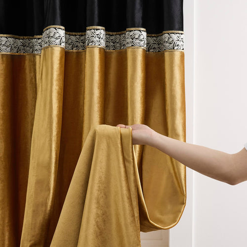 Black Gold Velvet Curtains 84 Inch 2 Panels, Embroidered Vintage Window Drapes, Light Filtering Window Treatment for Living Room Bedroom Farmhouse decoration