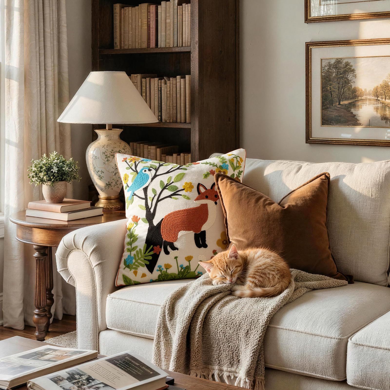 Decorative Pillow Covers 18x18 - Throw Pillow Textured Linen Covers for Couch Living Room Decor Cute Animal Patterned Cushion Covers Bed Embroidered Spring Pillowcases Pack of 1