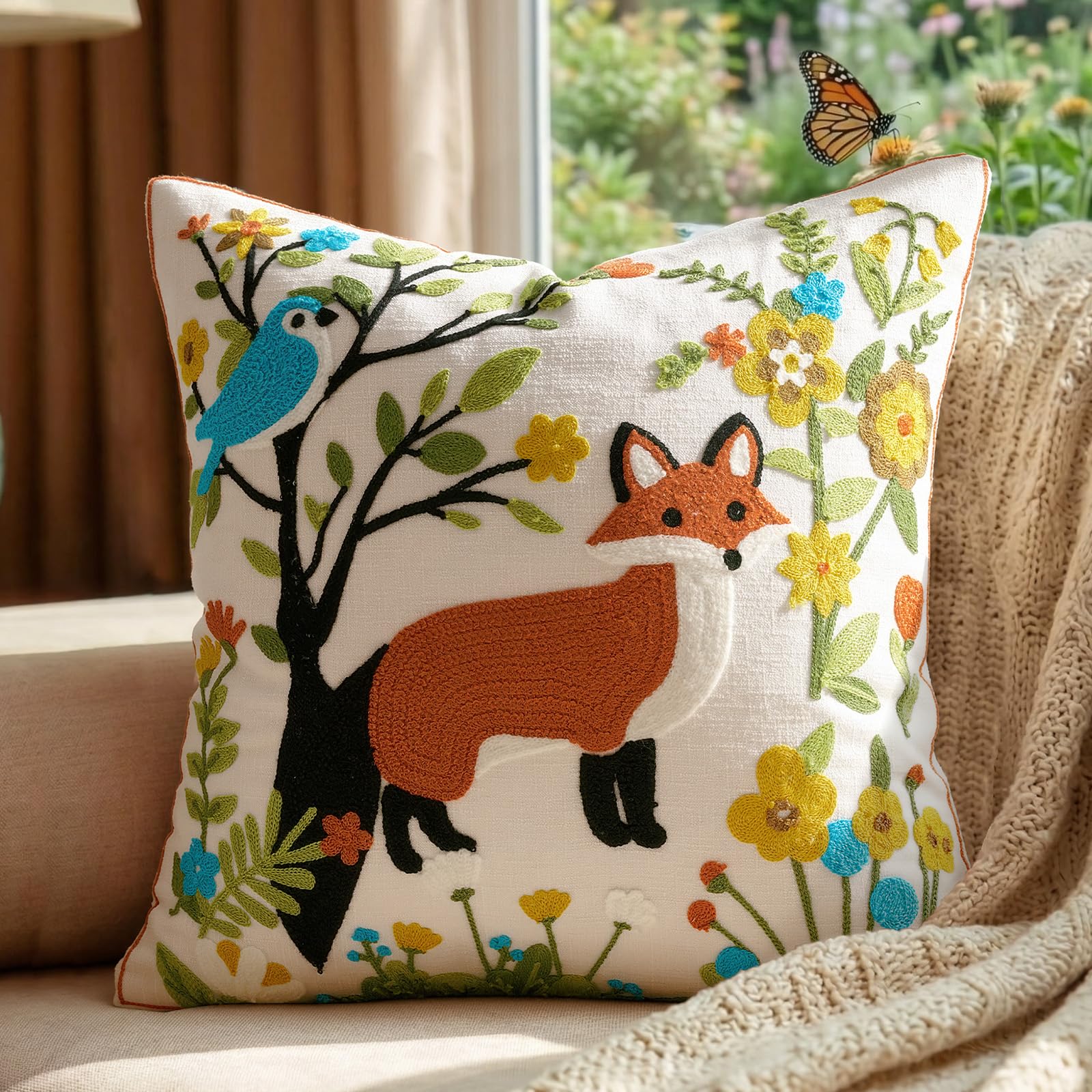 Decorative Pillow Covers 18x18 - Throw Pillow Textured Linen Covers for Couch Living Room Decor Cute Animal Patterned Cushion Covers Bed Embroidered Spring Pillowcases Pack of 1