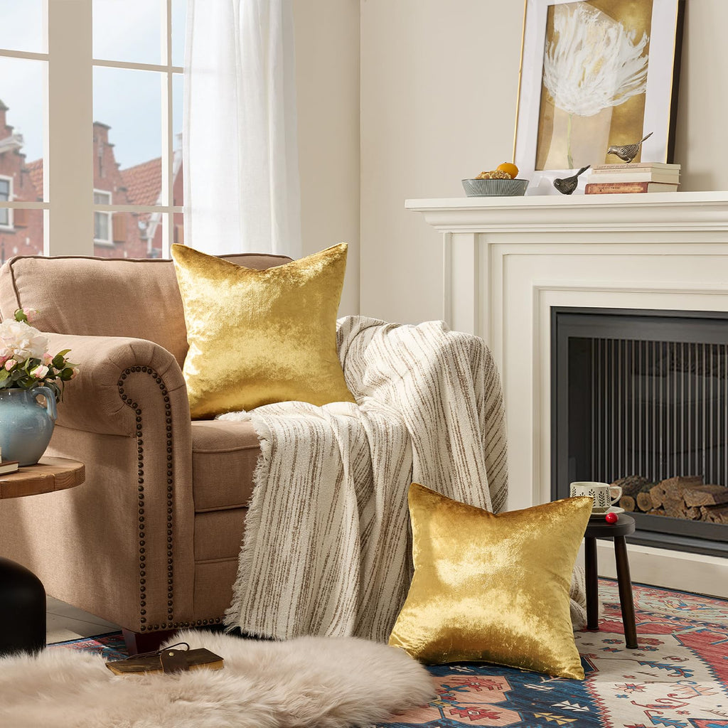 Gold Velvet Decorative Throw Pillow Covers,18x18 Pillow Covers for Couch Sofa Bed 2 Pack Soft Cushion Covers