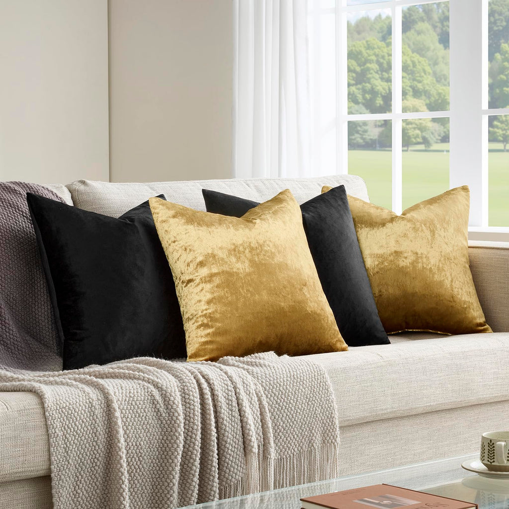 Decorative Throw Pillow Covers 18 x 18,Gold Black Soft, Set of 4 Square Velvet Cushion Covers