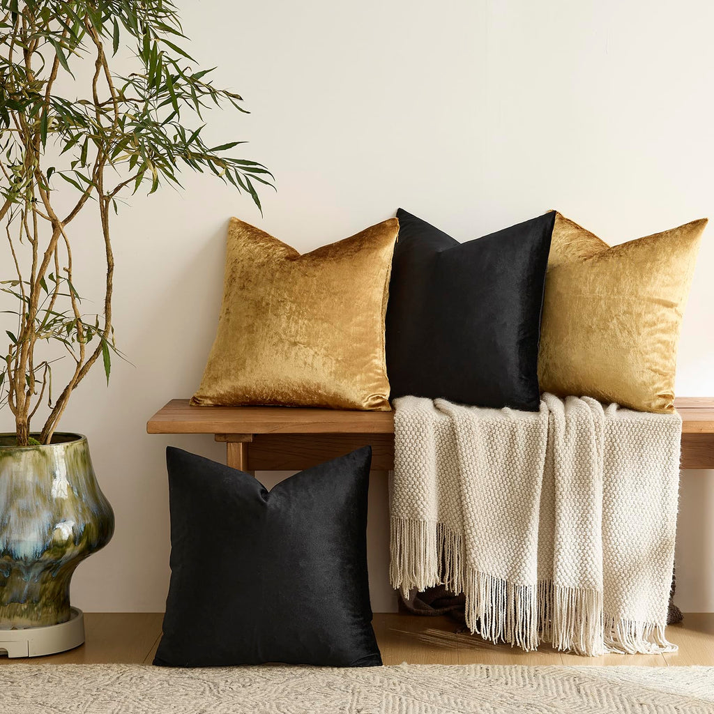 Decorative Throw Pillow Covers 18 x 18,Gold Black Soft, Set of 4 Square Velvet Cushion Covers