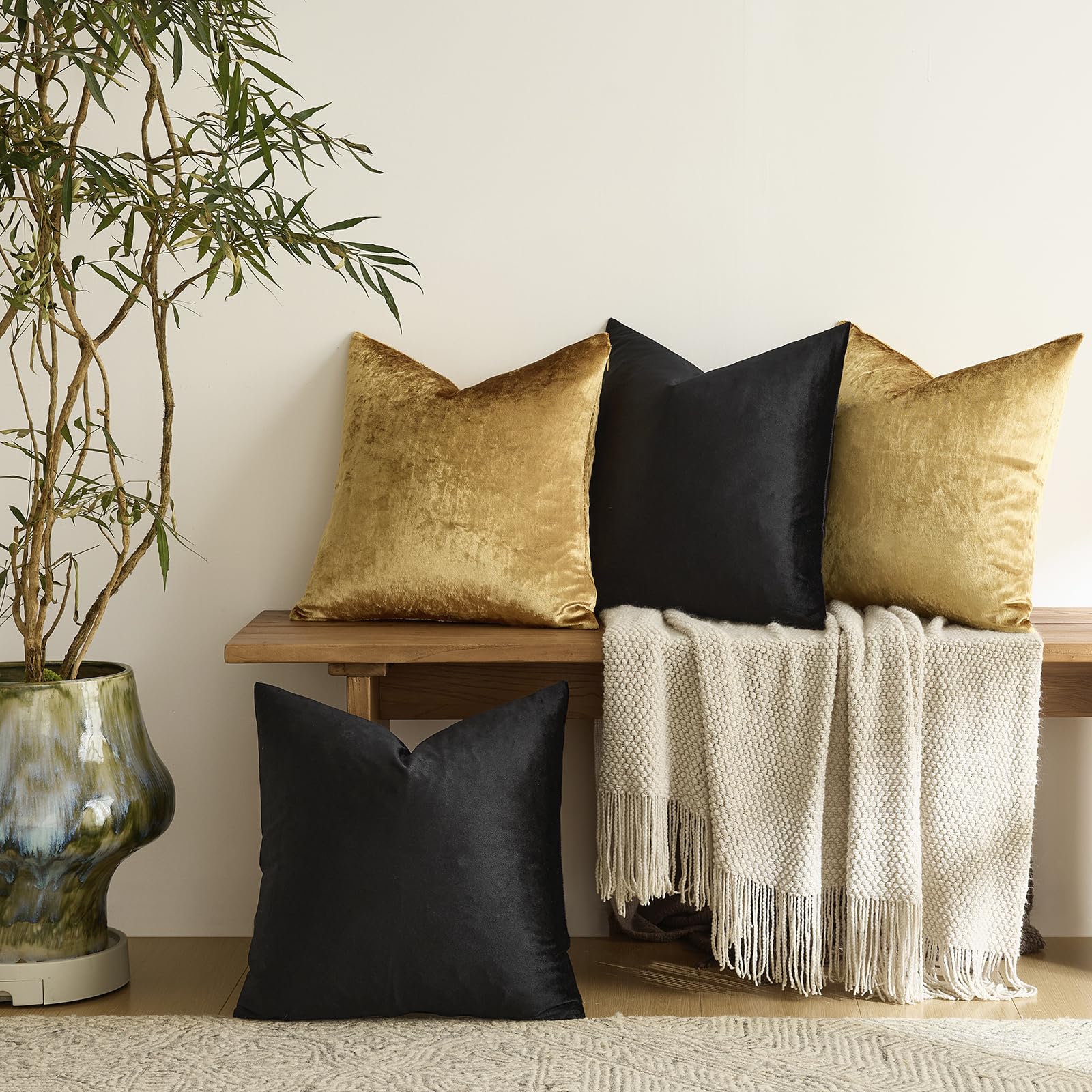Decorative Throw Pillow Covers 18 x 18,Gold Black Soft, Set of 4 Square Velvet Cushion Covers
