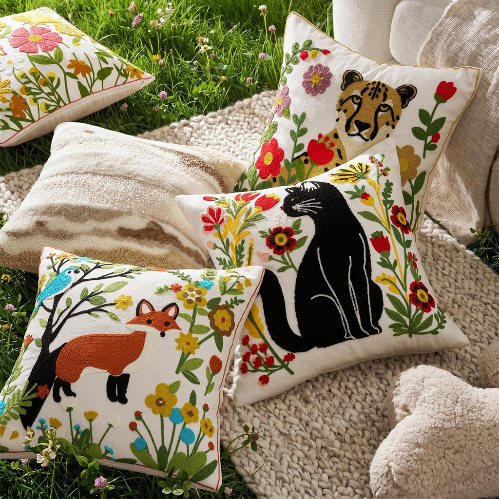 Decorative Pillow Covers 18x18 - Throw Pillow Textured Linen Covers for Couch Living Room Decor Cute Animal Patterned Cushion Covers Bed Embroidered Spring Pillowcases Pack of 1
